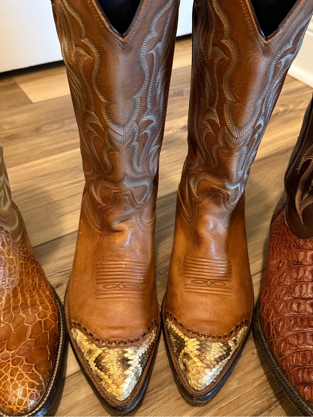 Tony Lama Brown Leather Cowboy Boots with Snake-Print Toe